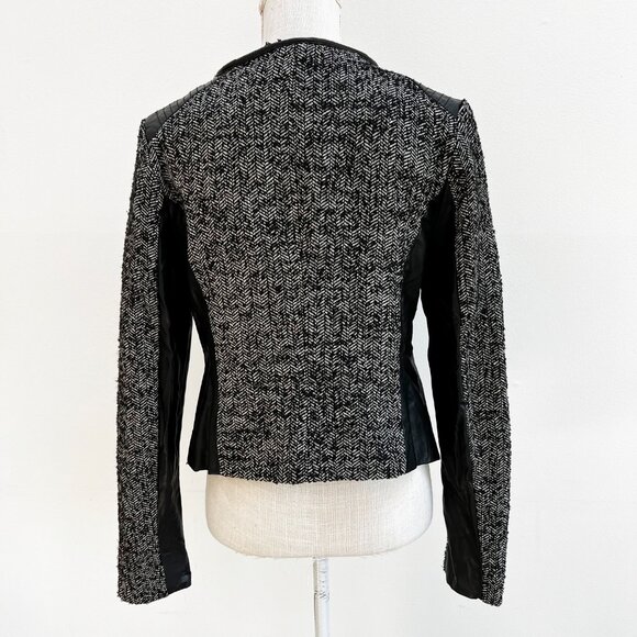 Forever 21 Black and White Wool-Blend  Herringbone Moto Jacket with Faux Leather - Picture 10 of 16